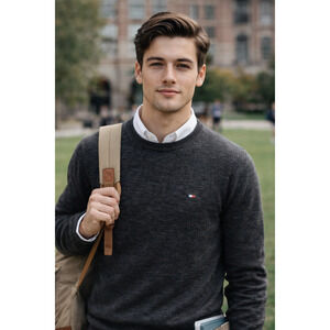 Tommy Hilfiger Classic Gray Crewneck Sweater Preppy Essential L Knit Normcore